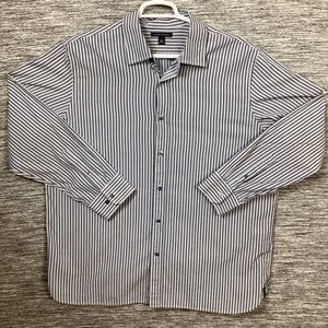BR Men’s NavyBlue Black Stripes Button Down Long Sleeve Collared Dress Shirt